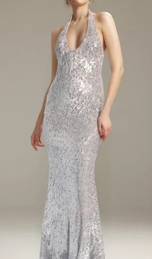 BARBARA HALTER SEQUIN MAXI DRESS IN SILVER Gloria Lanvin