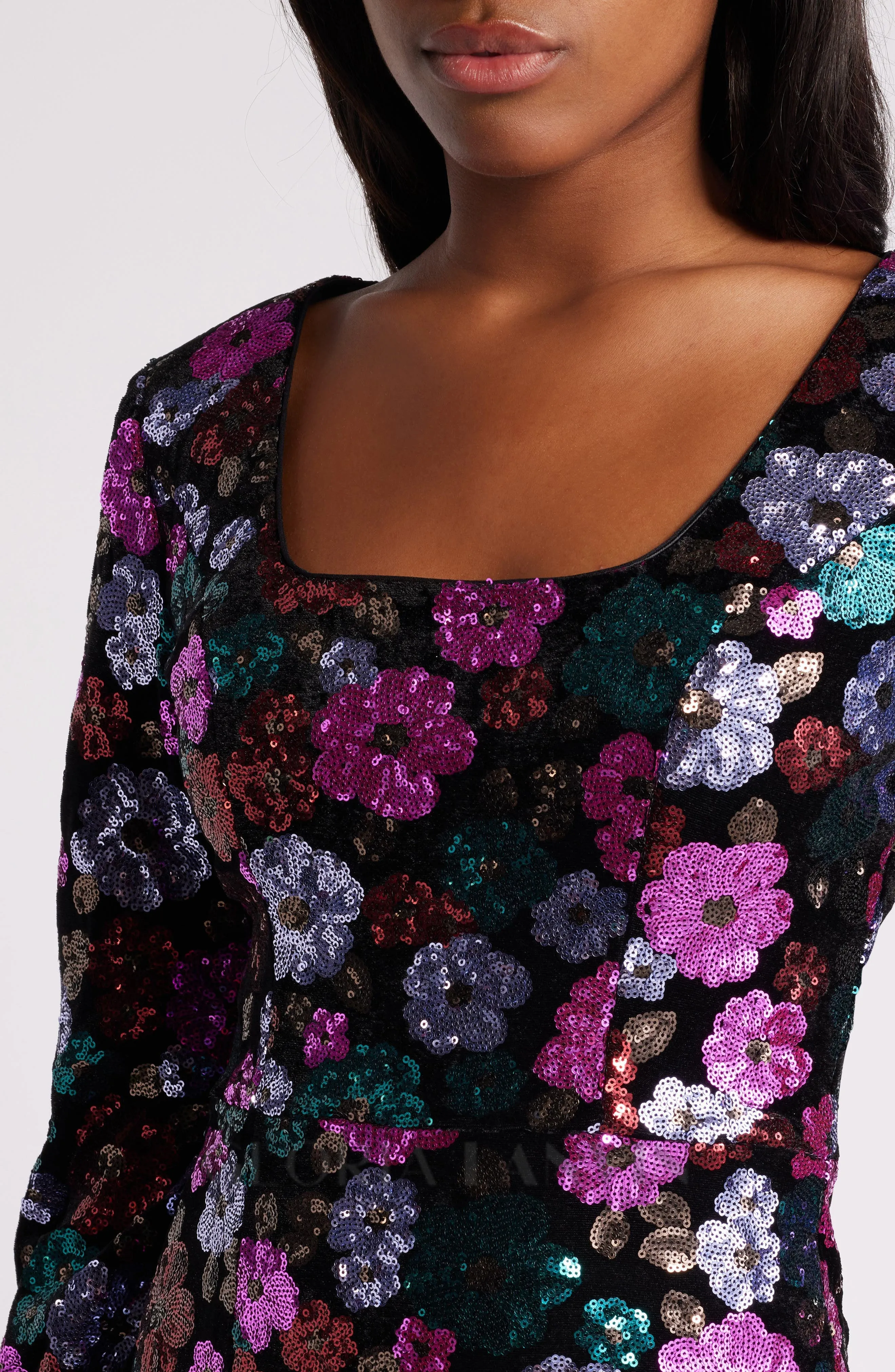 Beaded Long Sleeve Mini dress in black multi Gloria Lanvin