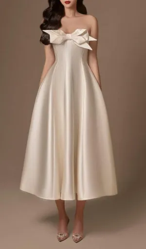 BEIGE FLARED SEMI-HEART NECK TAFFETA MIDI DRESS Gloria Lanvin