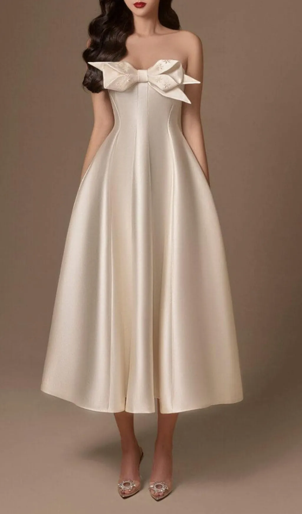 BEIGE FLARED SEMI-HEART NECK TAFFETA MIDI DRESS Gloria Lanvin