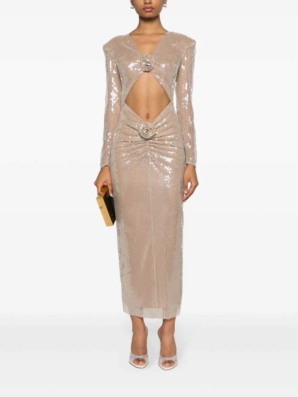BEIGE FLORAL SEQUINED MIDI DRESS Gloria Lanvin
