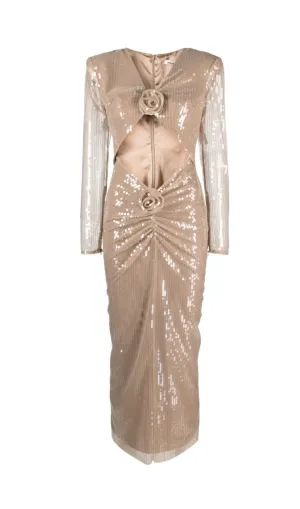 BEIGE FLORAL SEQUINED MIDI DRESS Gloria Lanvin
