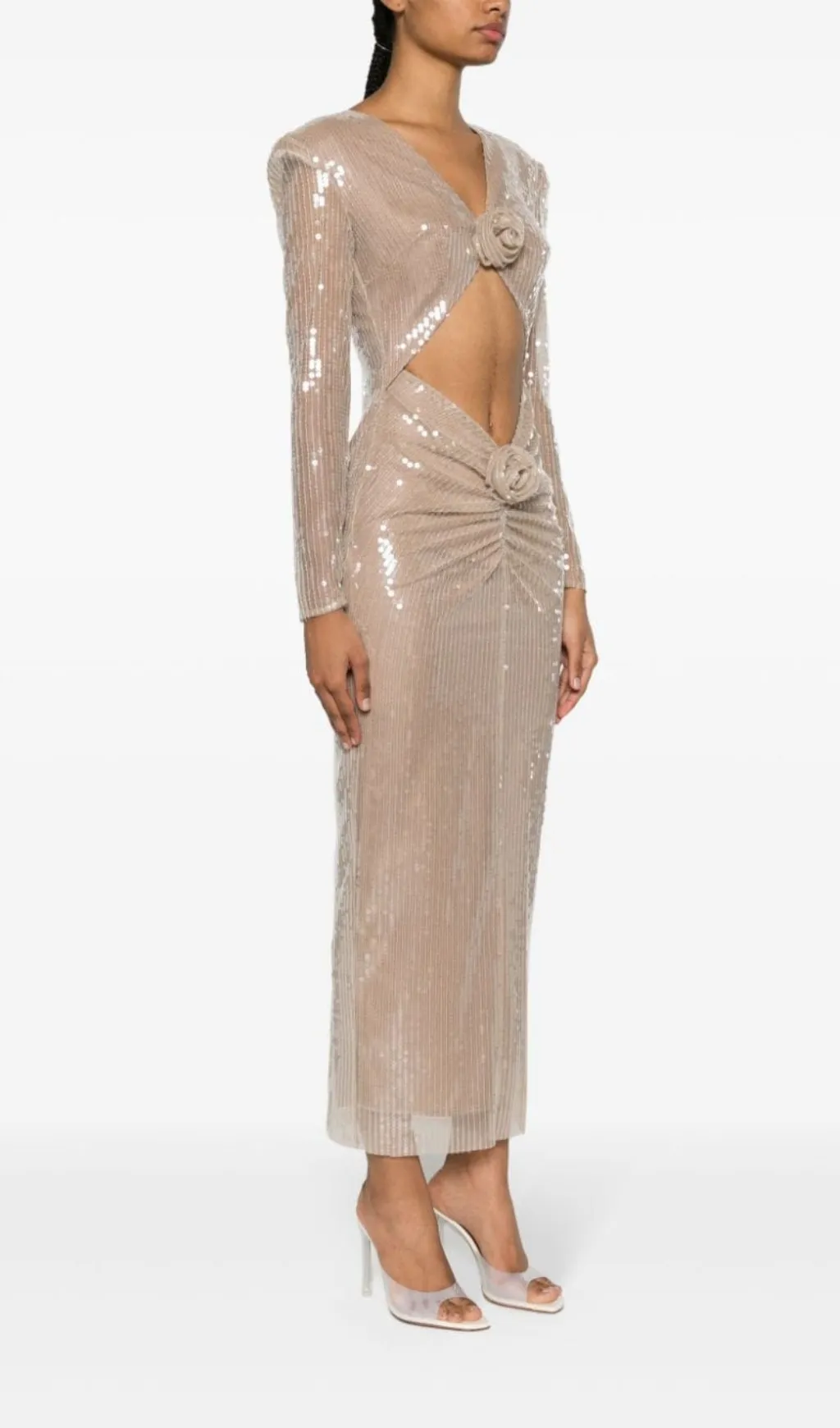 BEIGE FLORAL SEQUINED MIDI DRESS Gloria Lanvin