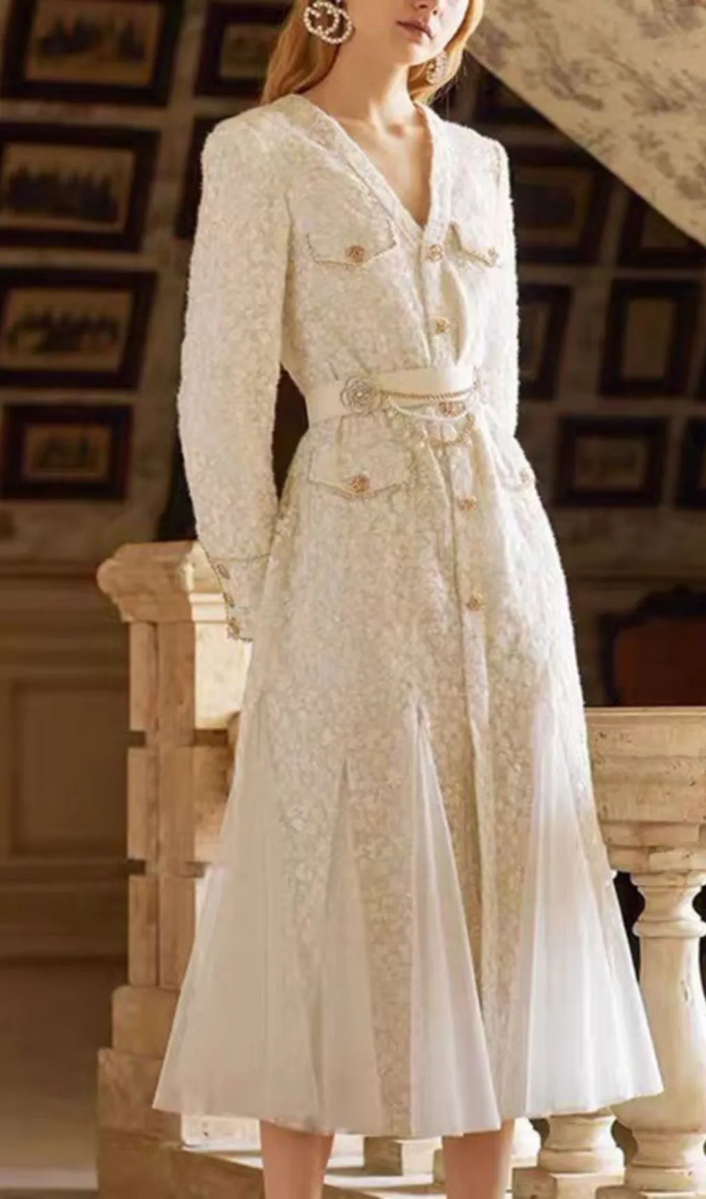 BEIGE LIGHT LUXURY MESH FISHTAIL LACE THICKENED DRESS Gloria Lanvin