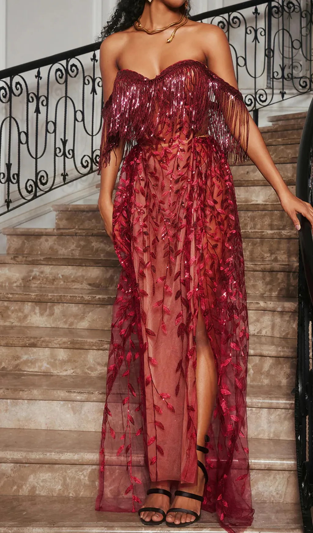 belen Codruta Strapless Leafy Fringe Maxi Dress In Wine Gloria Lanvin