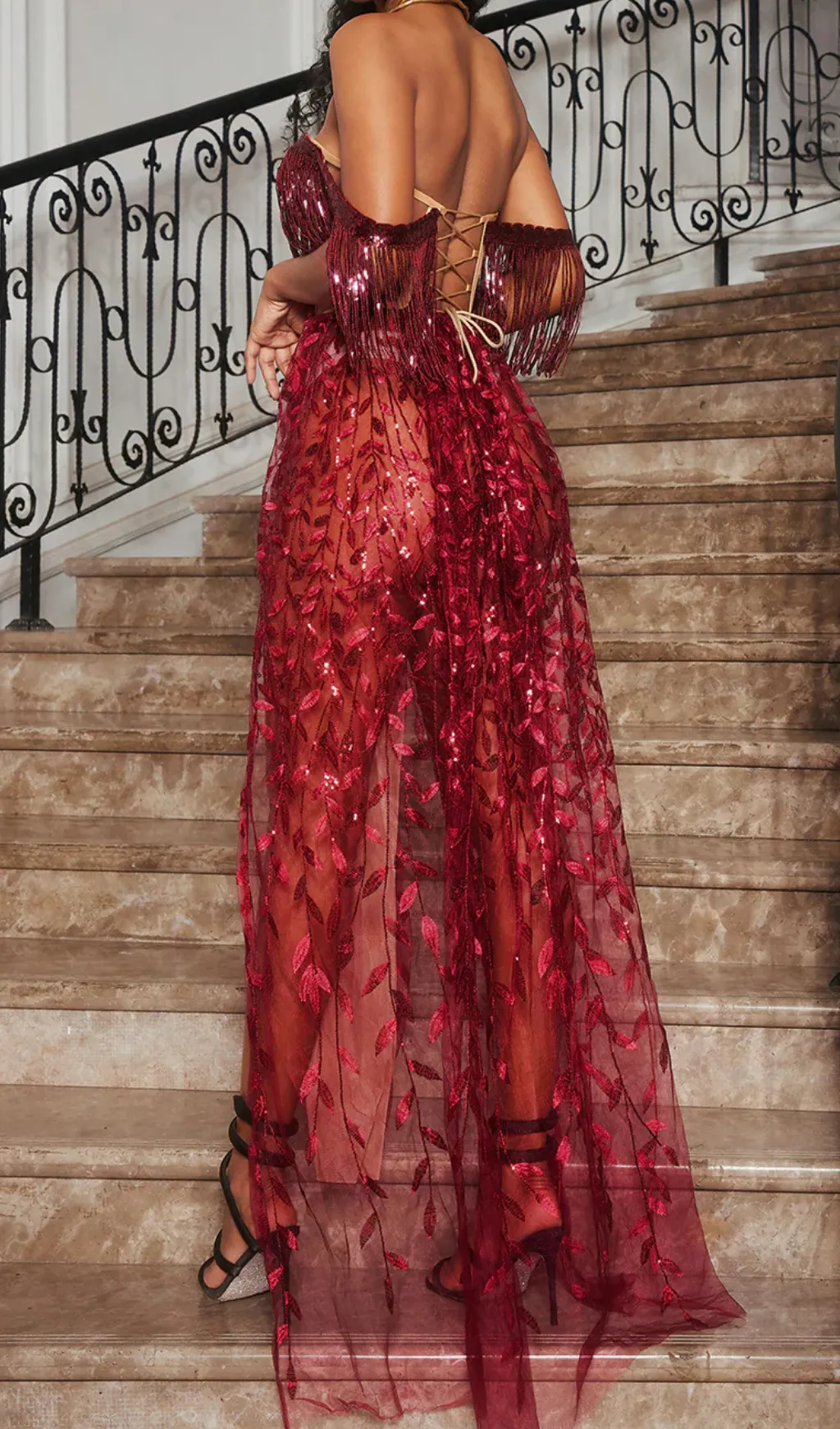 belen Codruta Strapless Leafy Fringe Maxi Dress In Wine Gloria Lanvin