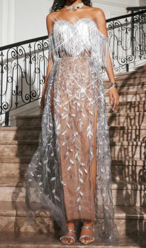 bella Codruta Strapless Leafy Fringe Maxi Dress In Sliver Gloria Lanvin