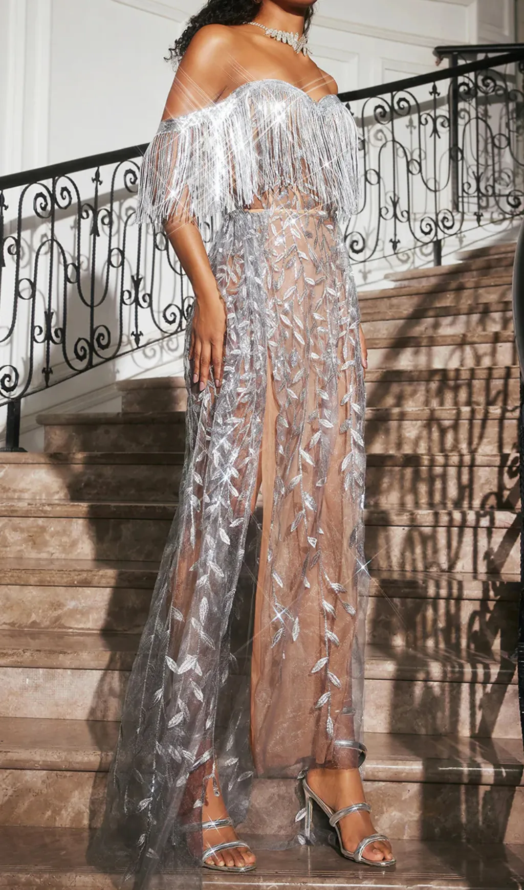bella Codruta Strapless Leafy Fringe Maxi Dress In Sliver Gloria Lanvin