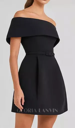 belted off-shoulder a-line mini dress in black Gloria Lanvin