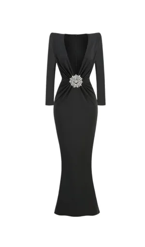 BERNICE LONG SLEEVE DRAPED EMBELLISHED MAXI DRESS IN BLACK Gloria Lanvin
