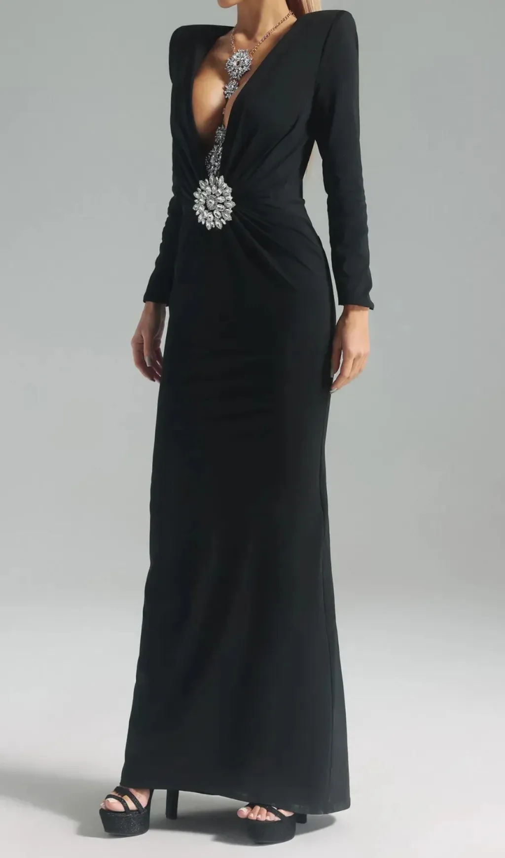 BERNICE LONG SLEEVE DRAPED EMBELLISHED MAXI DRESS IN BLACK Gloria Lanvin
