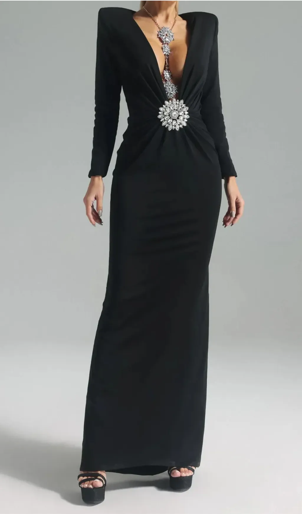 BERNICE LONG SLEEVE DRAPED EMBELLISHED MAXI DRESS IN BLACK Gloria Lanvin