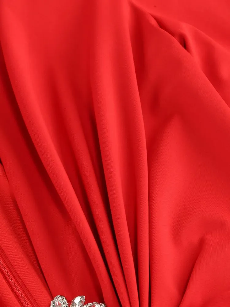 BERNICE LONG SLEEVE DRAPED EMBELLISHED MAXI DRESS IN RED Gloria Lanvin