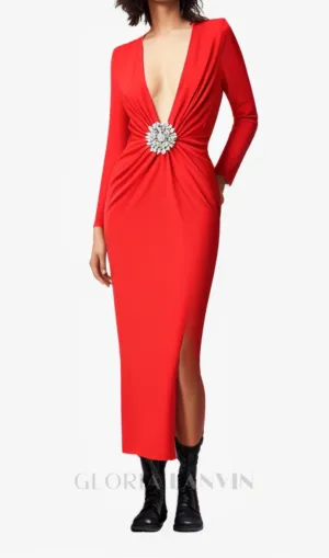 BERNICE LONG SLEEVE DRAPED EMBELLISHED MAXI DRESS IN RED Gloria Lanvin