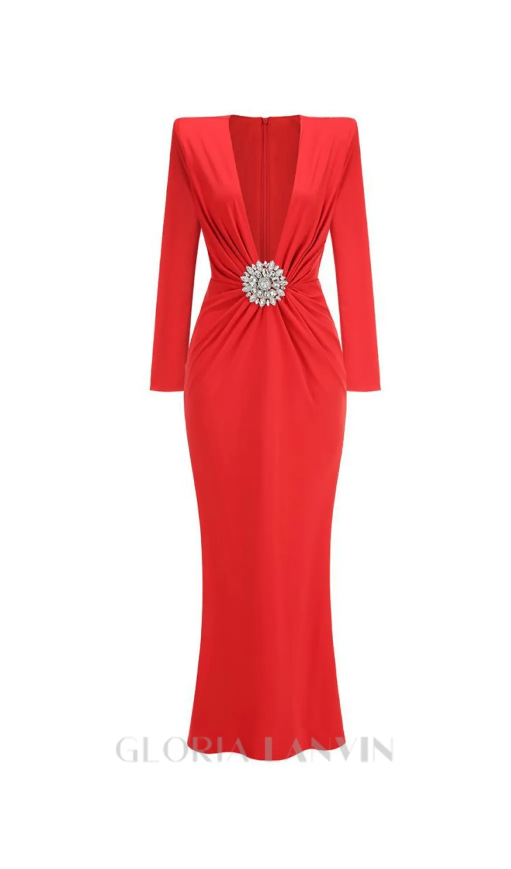 BERNICE LONG SLEEVE DRAPED EMBELLISHED MAXI DRESS IN RED Gloria Lanvin