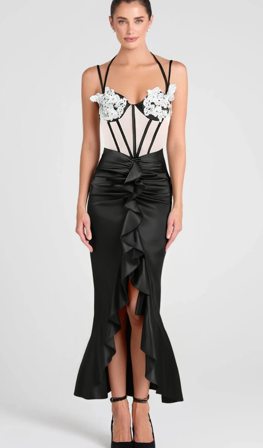 BEULAH BLACK SATIN CORSET SEQUIN WING CUP DRESS Gloria Lanvin