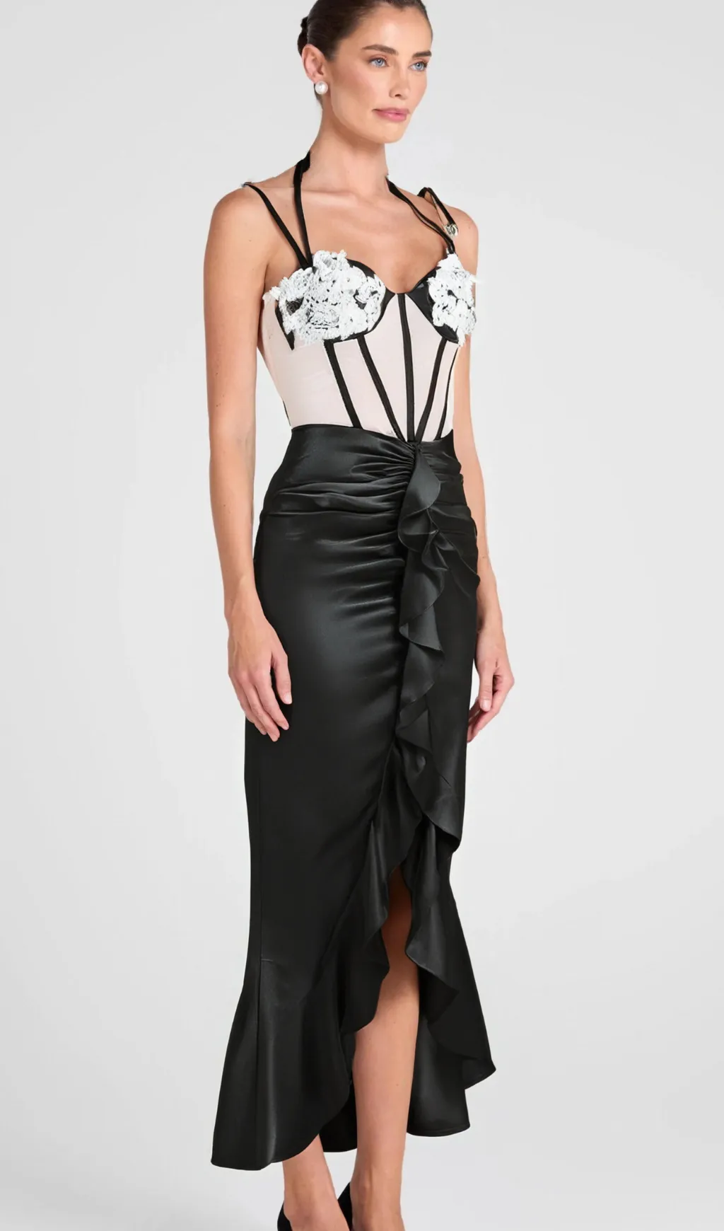 BEULAH BLACK SATIN CORSET SEQUIN WING CUP DRESS Gloria Lanvin