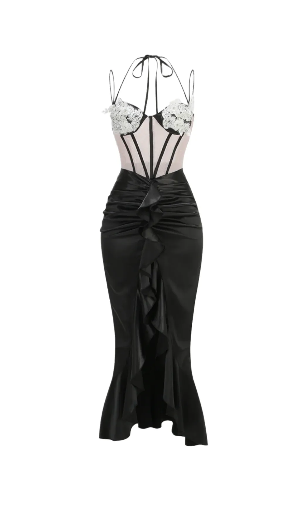 BEULAH BLACK SATIN CORSET SEQUIN WING CUP DRESS Gloria Lanvin