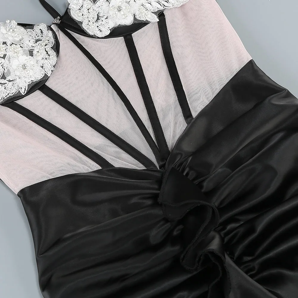 BEULAH BLACK SATIN CORSET SEQUIN WING CUP DRESS Gloria Lanvin