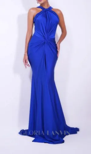 BEVERLY BRAID EMBELLISHED RUCHED HALTER GOWN IN BLUE Gloria Lanvin