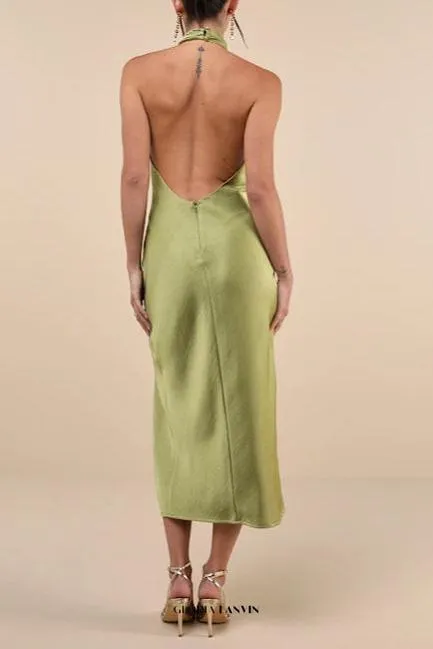 Beyond Classy Chartreuse Satin Halter Midi Dress Gloria Lanvin