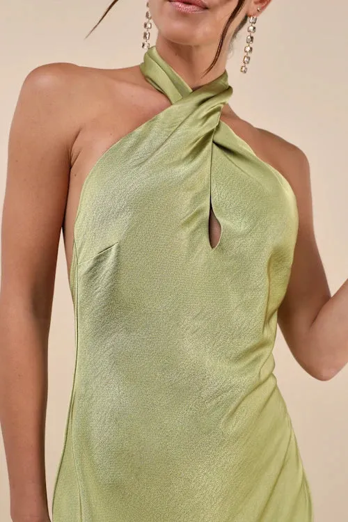 Beyond Classy Chartreuse Satin Halter Midi Dress Gloria Lanvin