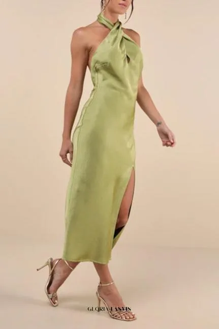 Beyond Classy Chartreuse Satin Halter Midi Dress Gloria Lanvin