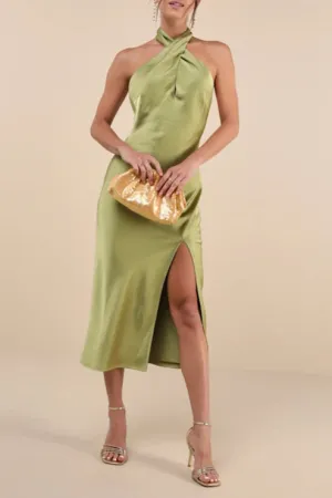 Beyond Classy Chartreuse Satin Halter Midi Dress Gloria Lanvin