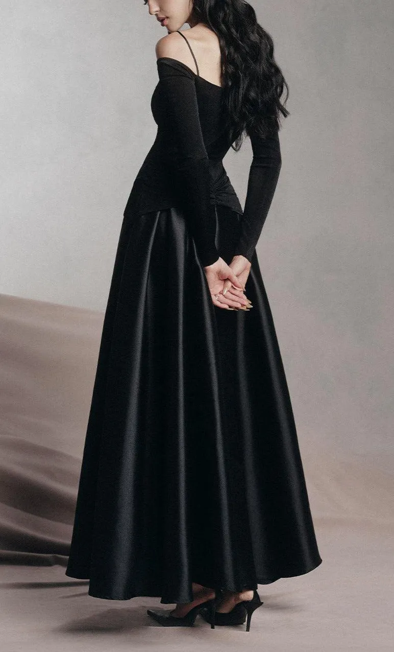 black A-line Cold Shoulder Sleeved Spandex Taffeta Maxi Dress Gloria Lanvin
