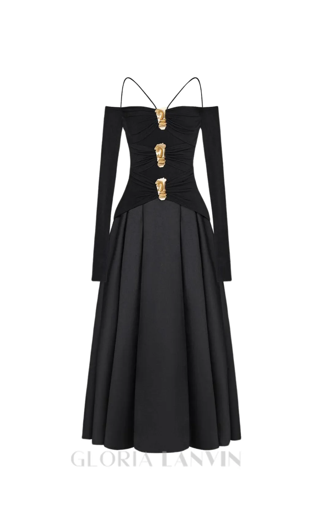 black A-line Cold Shoulder Sleeved Spandex Taffeta Maxi Dress Gloria Lanvin