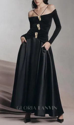black A-line Cold Shoulder Sleeved Spandex Taffeta Maxi Dress Gloria Lanvin