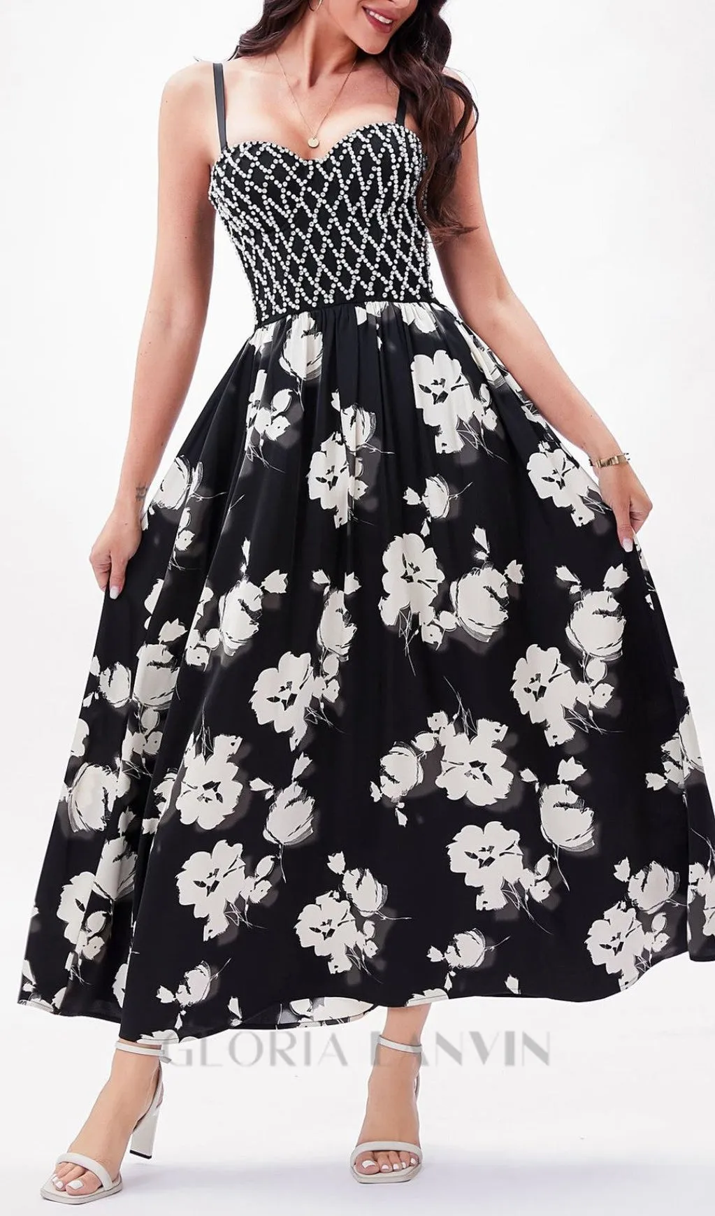 BLACK BEAD FLORAL MAXI DRESS Gloria Lanvin