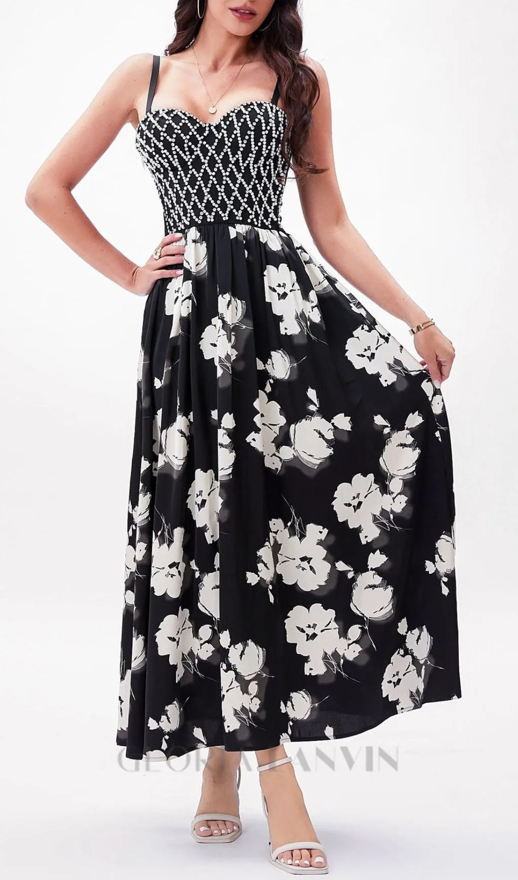 BLACK BEAD FLORAL MAXI DRESS Gloria Lanvin
