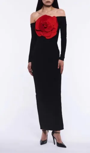 BLACK CHARLOTTE RED ROSE MAXI DRESS Gloria Lanvin