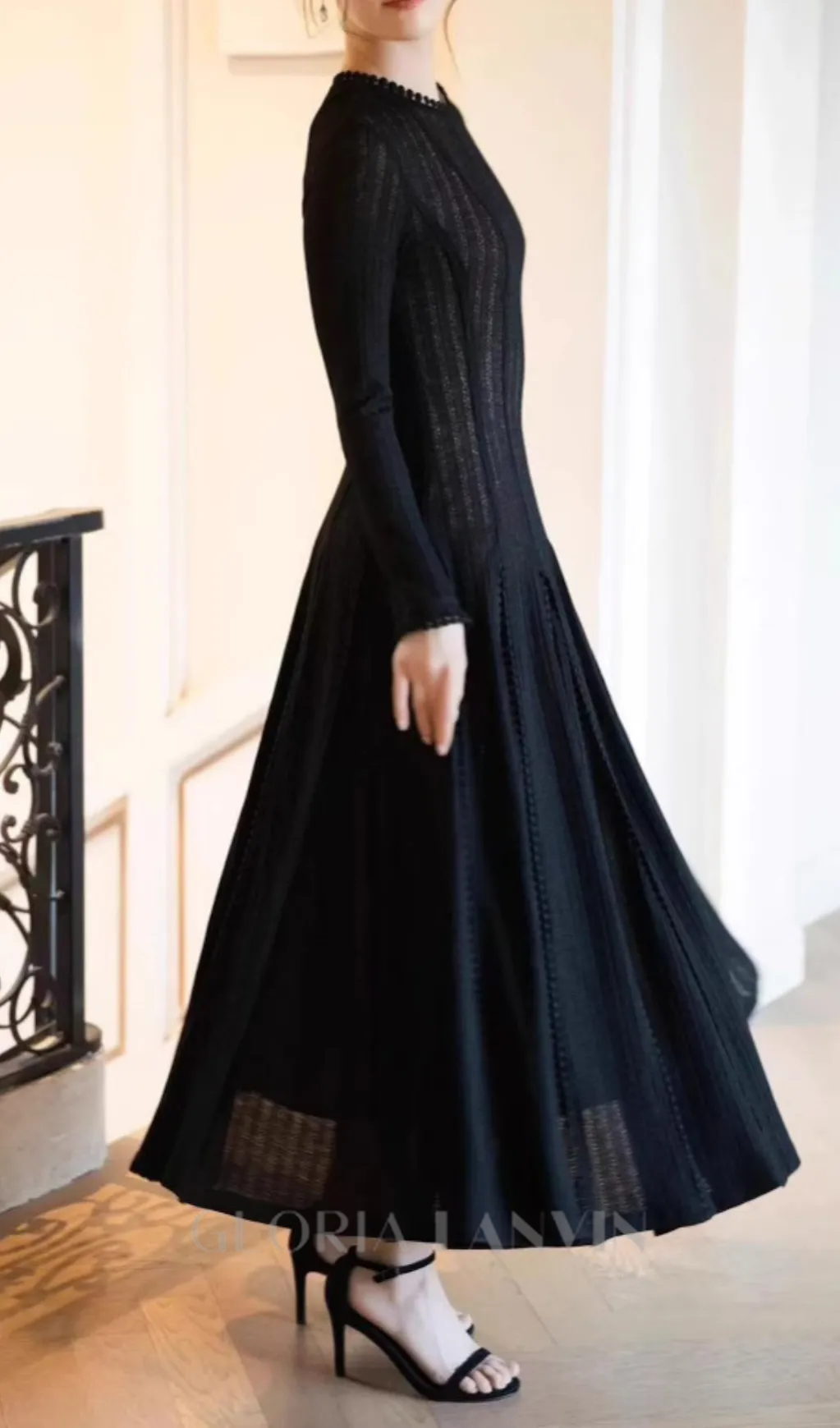 black crochet lace maxi dress with sleeves Gloria Lanvin