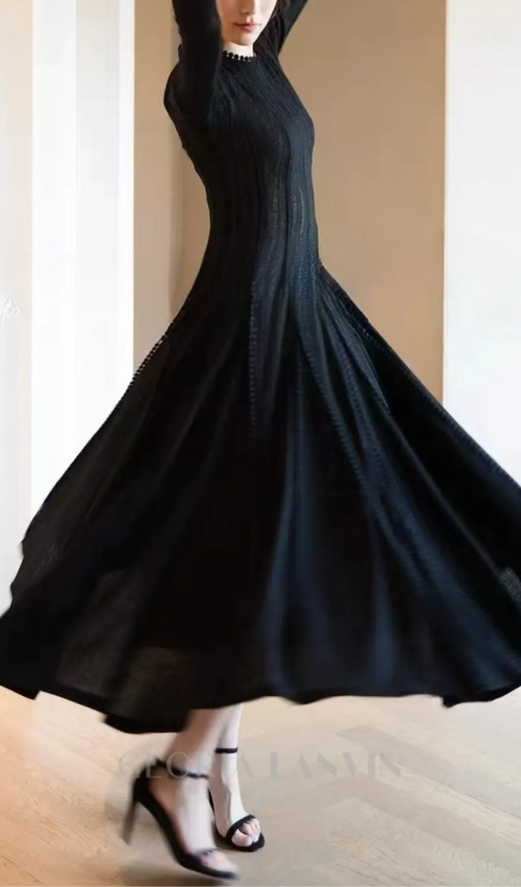 black crochet lace maxi dress with sleeves Gloria Lanvin
