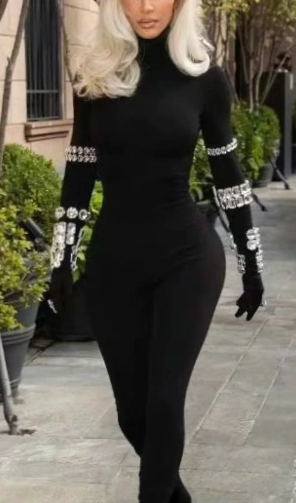 BLACK CRYSTAL EMBELLISHED TURTLENECK JUMPSUIT Gloria Lanvin