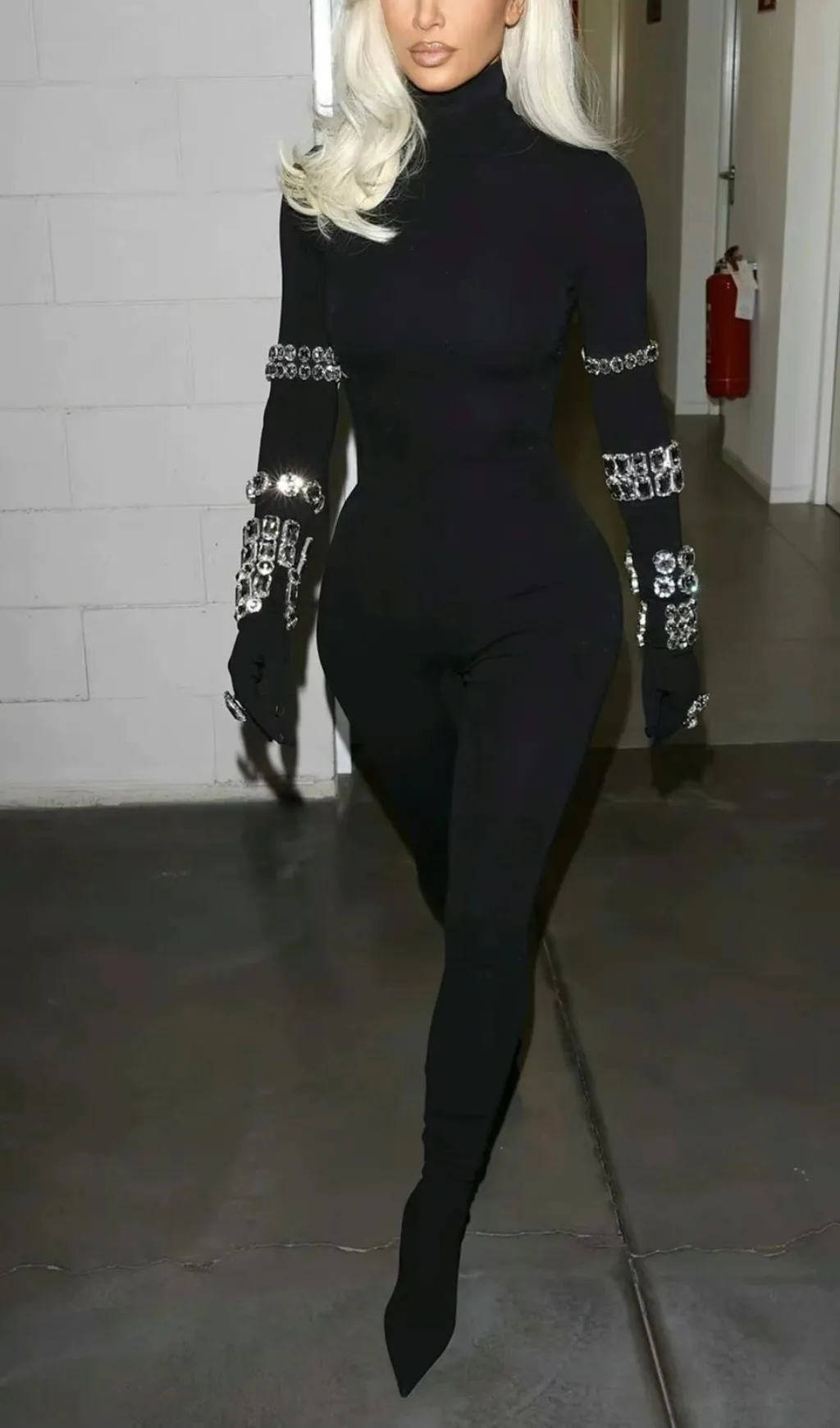 BLACK CRYSTAL EMBELLISHED TURTLENECK JUMPSUIT Gloria Lanvin