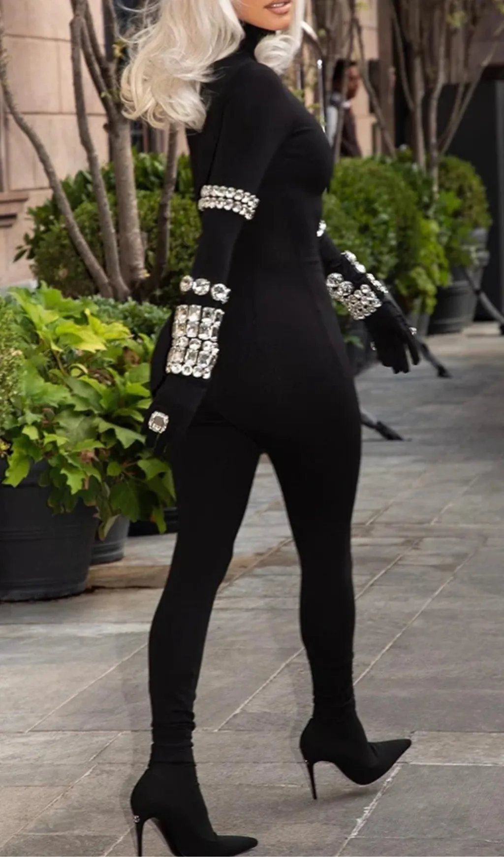 BLACK CRYSTAL EMBELLISHED TURTLENECK JUMPSUIT Gloria Lanvin
