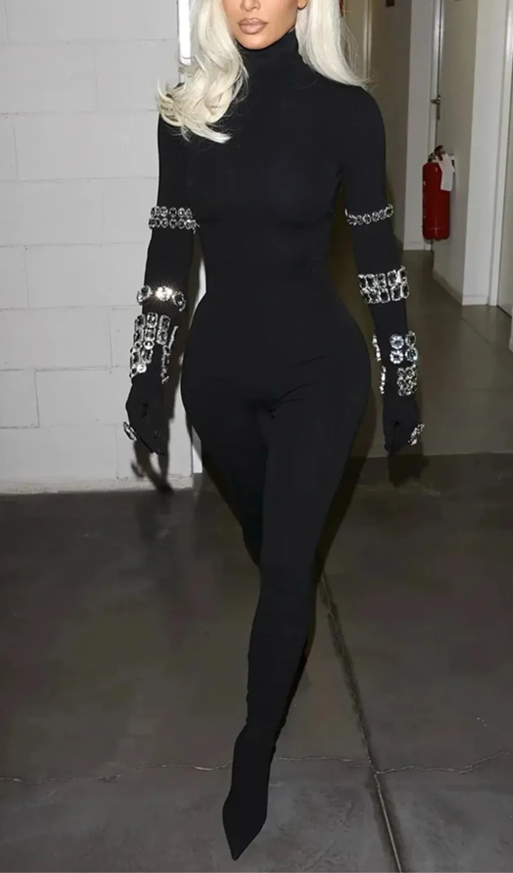 BLACK CRYSTAL EMBELLISHED TURTLENECK JUMPSUIT Gloria Lanvin
