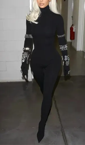 BLACK CRYSTAL EMBELLISHED TURTLENECK JUMPSUIT Gloria Lanvin