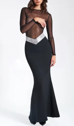 BLACK CRYSTAL WAIST TRIM SHEER MAXI DRESS Gloria Lanvin