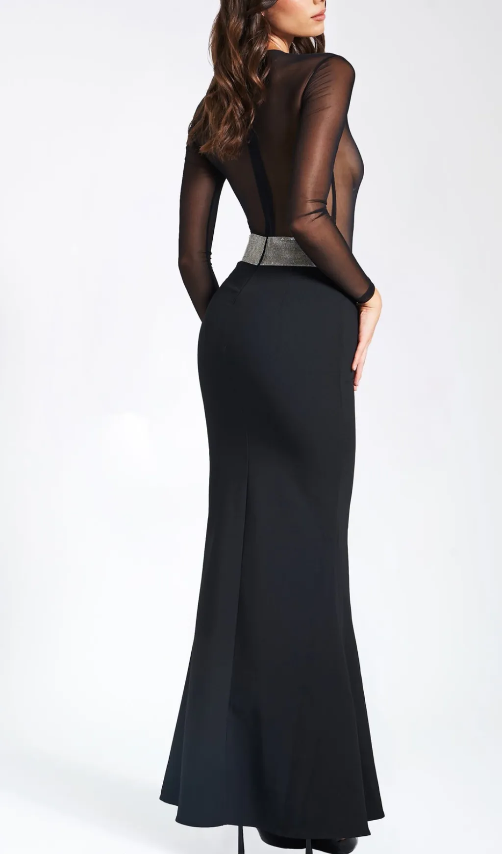 BLACK CRYSTAL WAIST TRIM SHEER MAXI DRESS Gloria Lanvin
