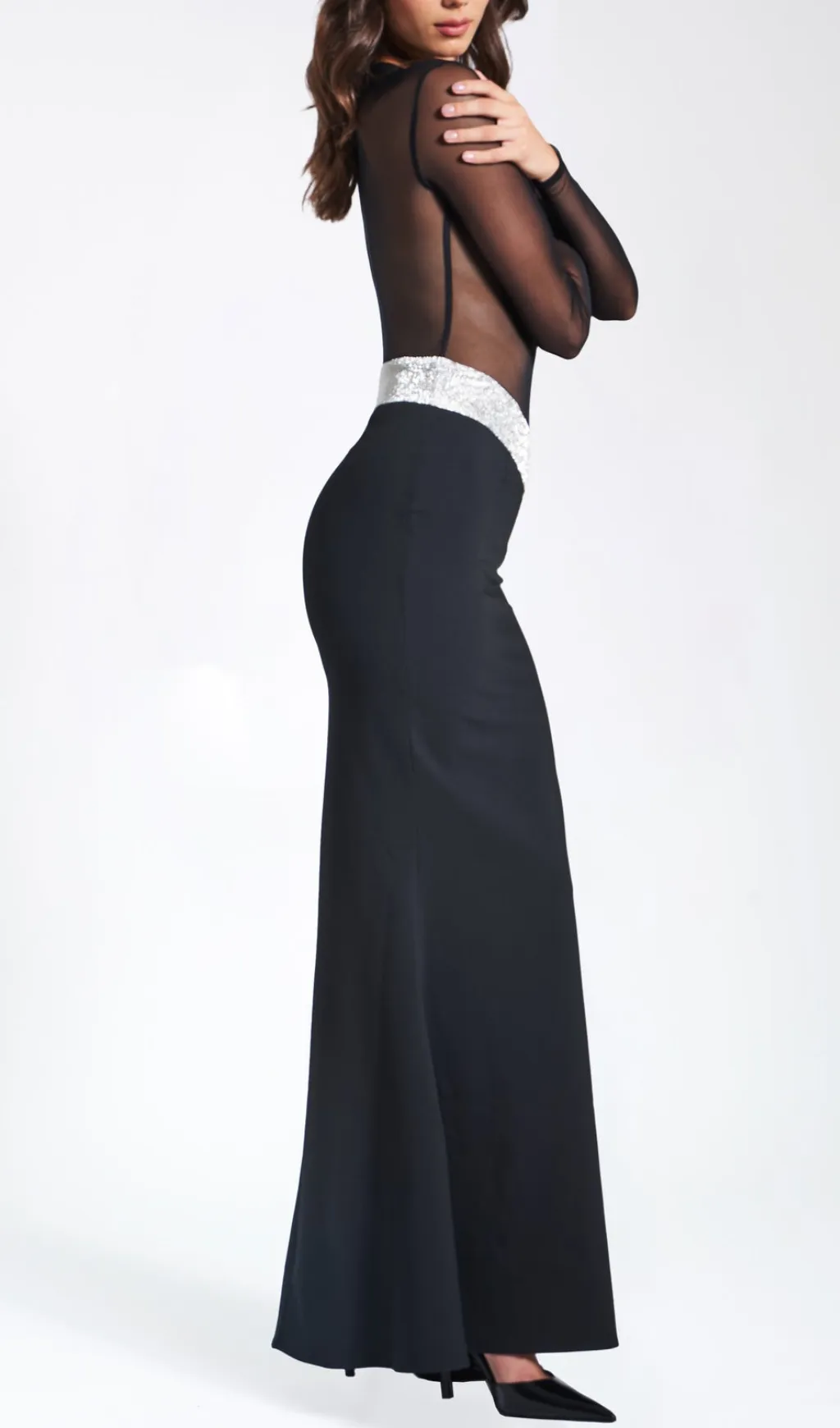 BLACK CRYSTAL WAIST TRIM SHEER MAXI DRESS Gloria Lanvin