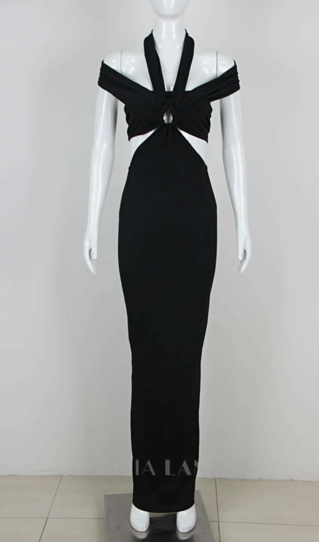 BLACK CUTOUT HALTER BANDAGE MAXI DRESS Gloria Lanvin