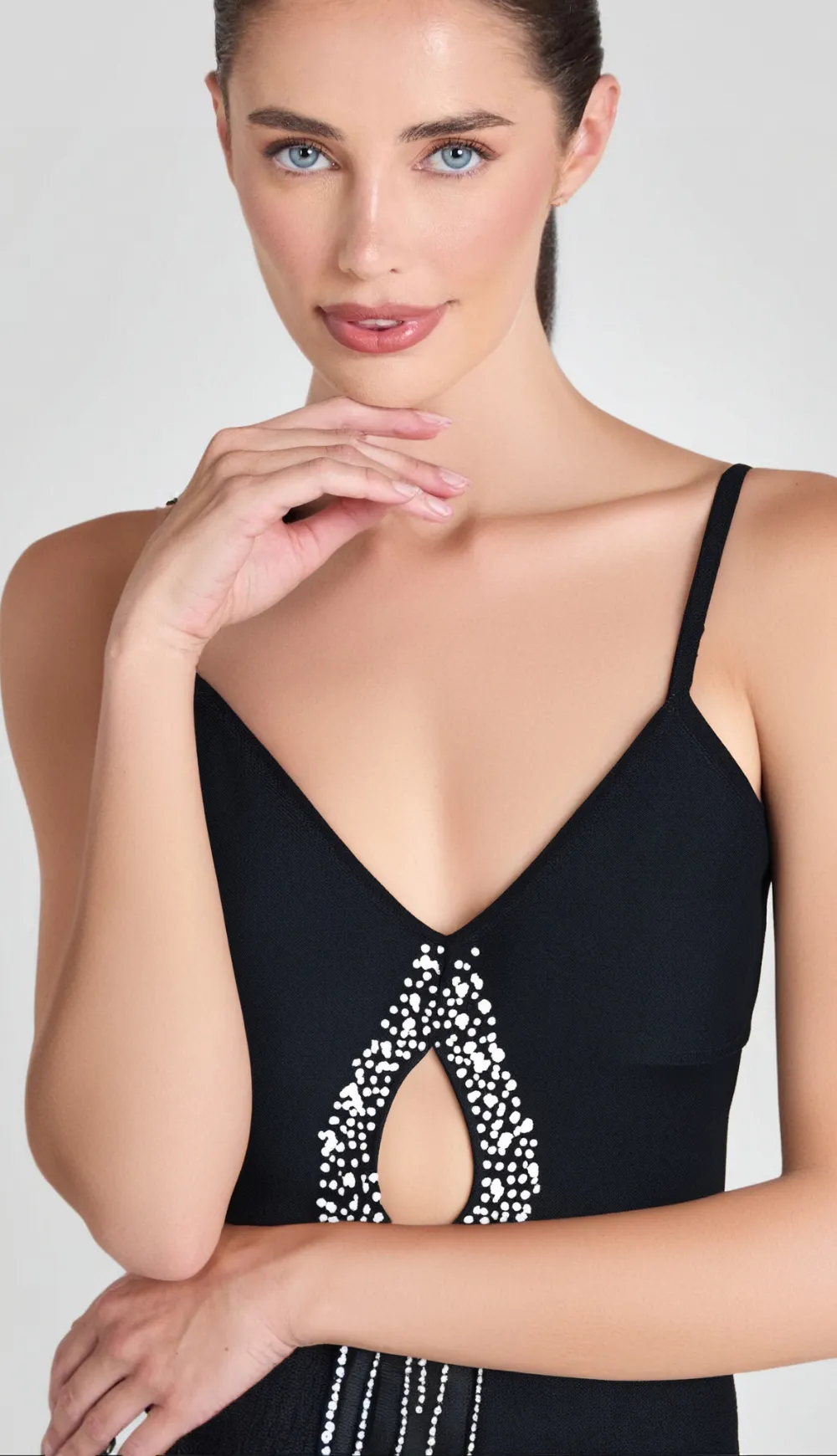 BLACK DIAMOND EMBELLISHED BANDGE MINI DRESS Gloria Lanvin