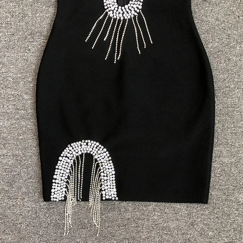 BLACK DIAMOND EMBELLISHED BANDGE MINI DRESS Gloria Lanvin
