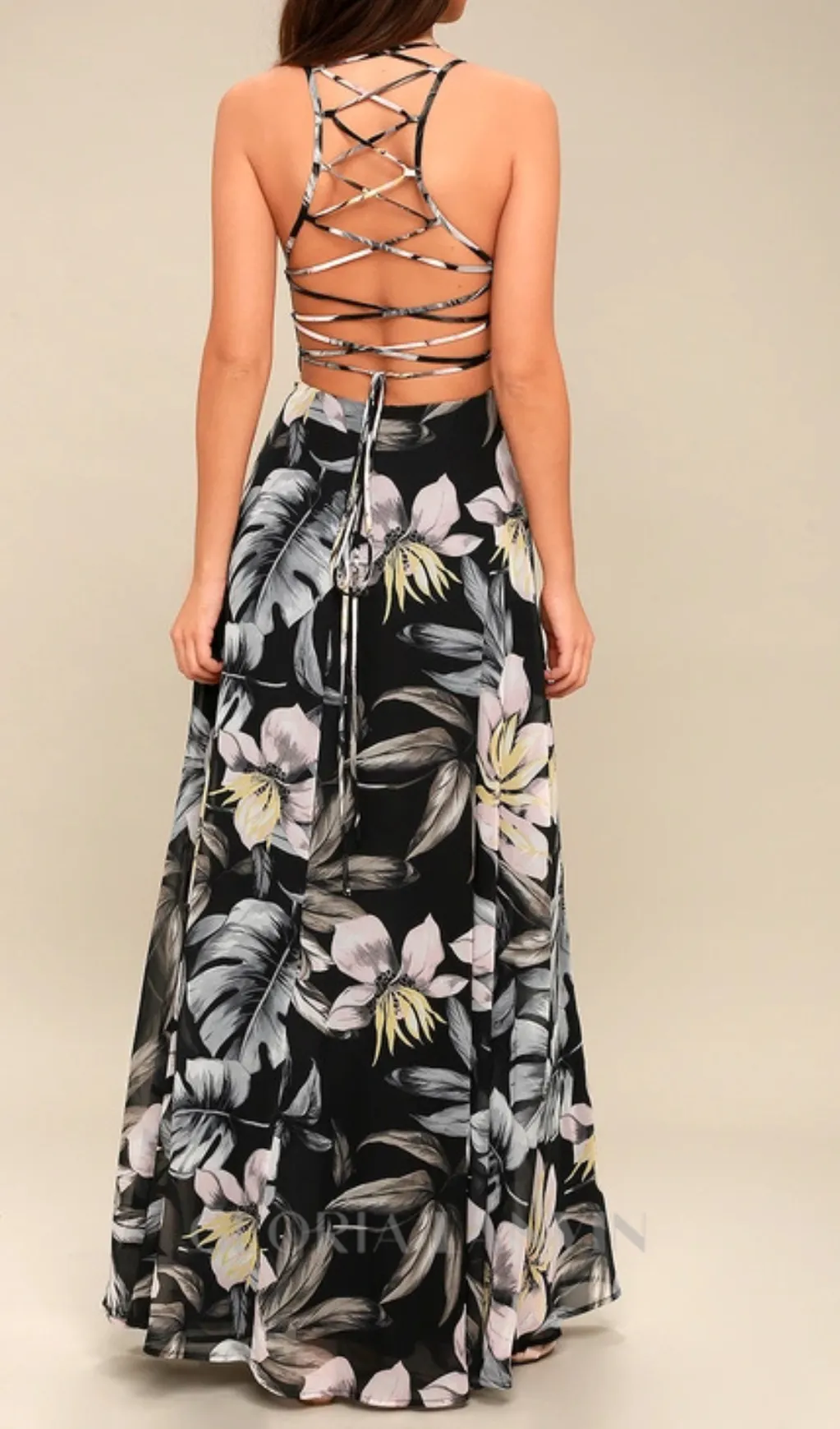 Black Floral Print Lace-Up Maxi Dress Gloria Lanvin