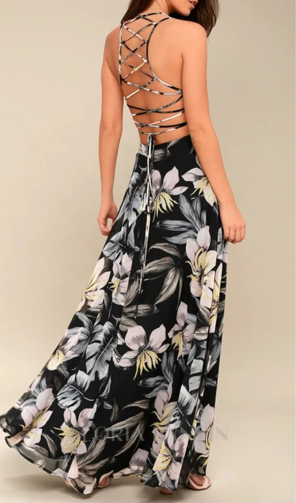 Black Floral Print Lace-Up Maxi Dress Gloria Lanvin