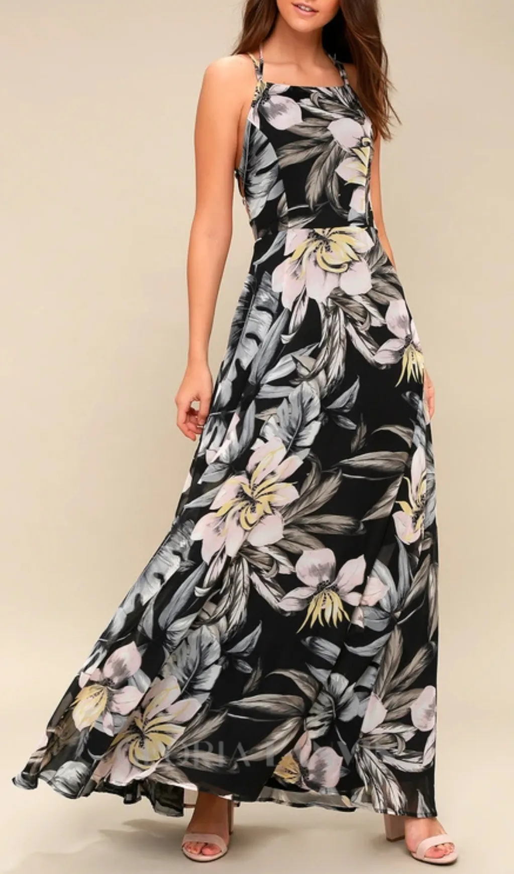 Black Floral Print Lace-Up Maxi Dress Gloria Lanvin